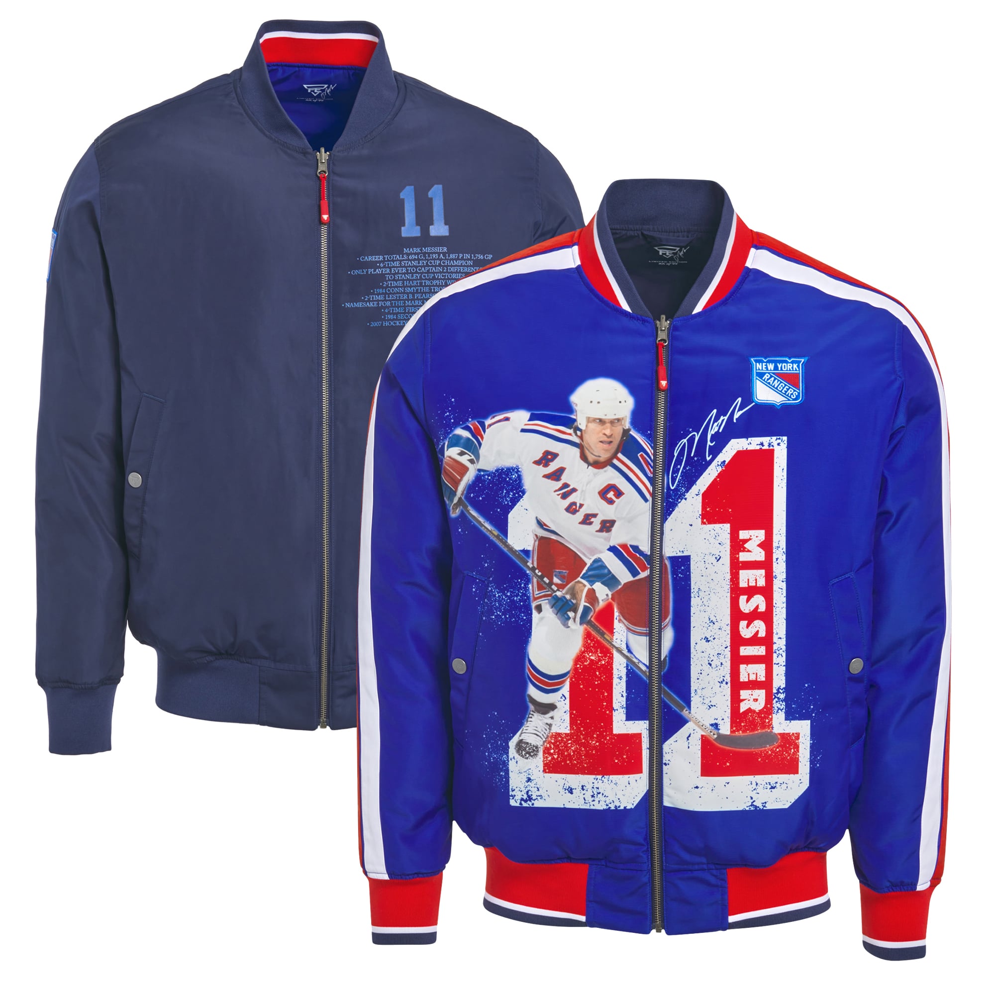 Veste bomber réversible zippée pour homme FE Mark Messier bleu marine/marine des Rangers de New York